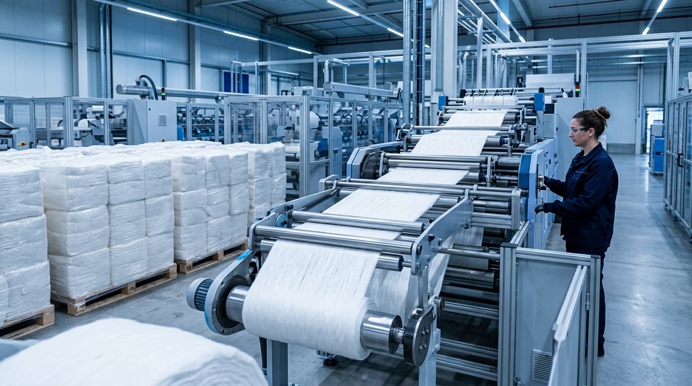 Technician monitoring synthetic staple fiber spinning lines in an industrial fiber mill